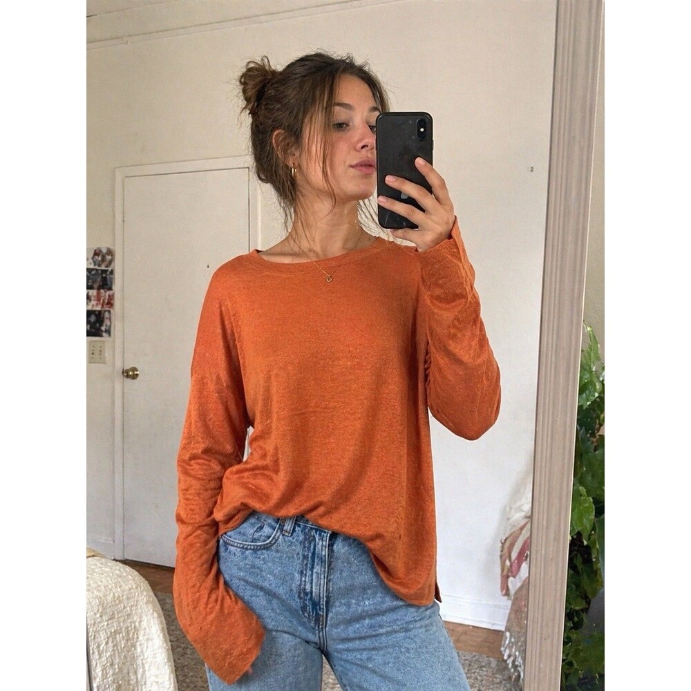 Eileen Fisher 87% Linen Sweater S Tangerine Orange Lightweight Long Sleeve Chic